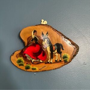 Antique 1919 Wood Slice Painting Folk Art Spanish Dancer with Donkey Mallorca
